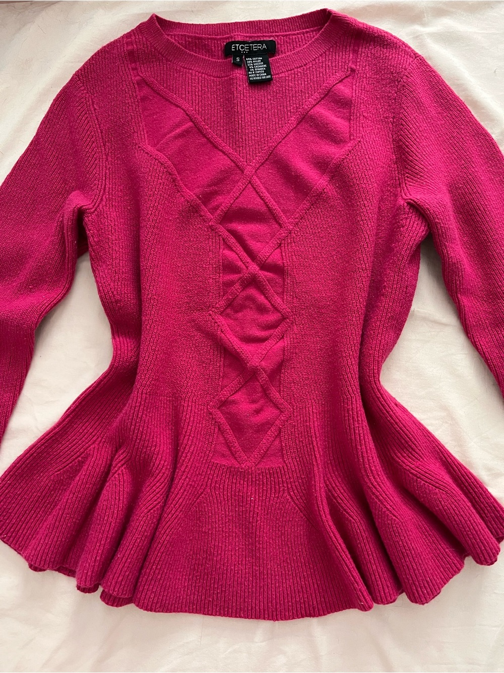 Etcetera Fuchsia Peplum Cable-Front Knit Sweater